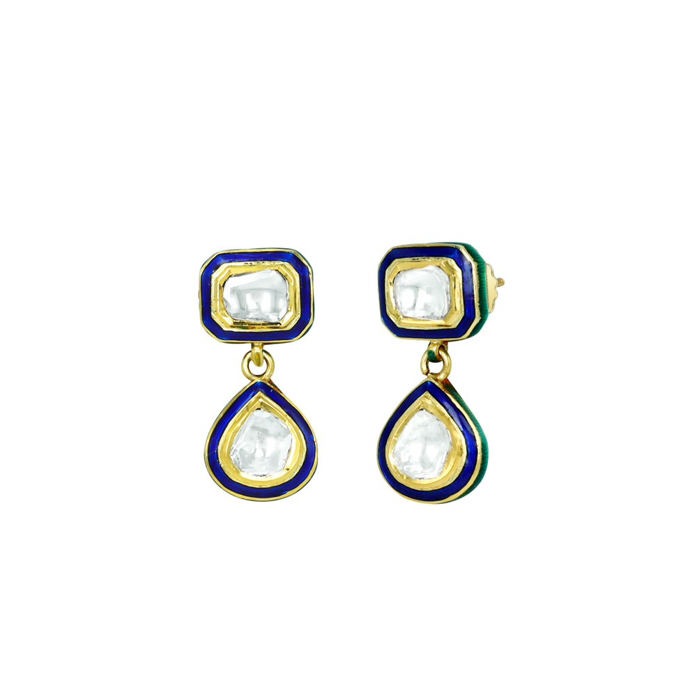 Square and Teardrop Polki Earrings with Blue Meena